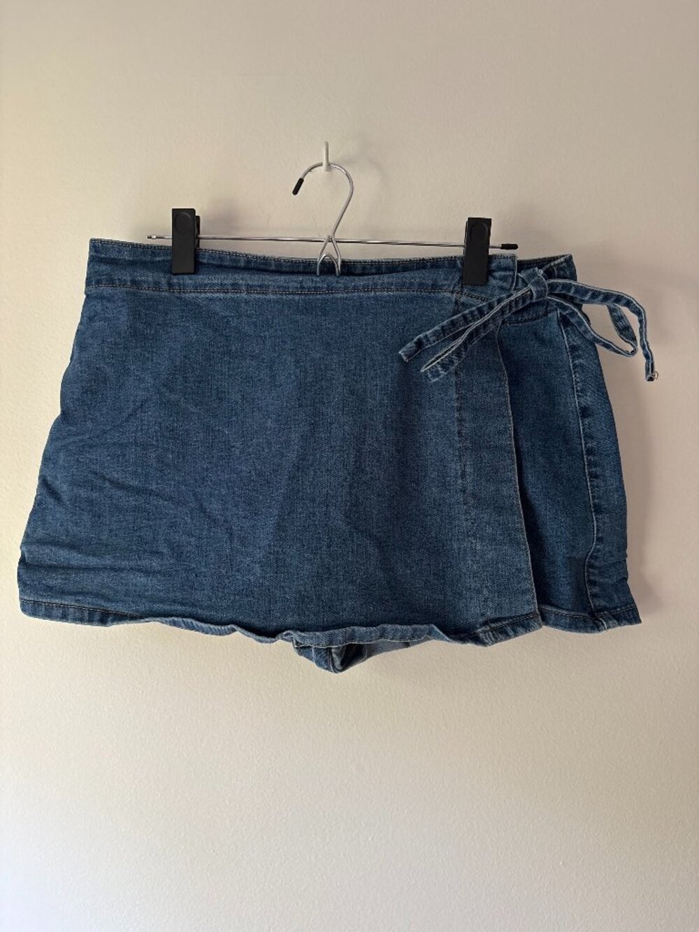 Celebrity Pink Denim Wrap Skort 💎 High Waisted Side Tie Jean Skirt Shorts Large